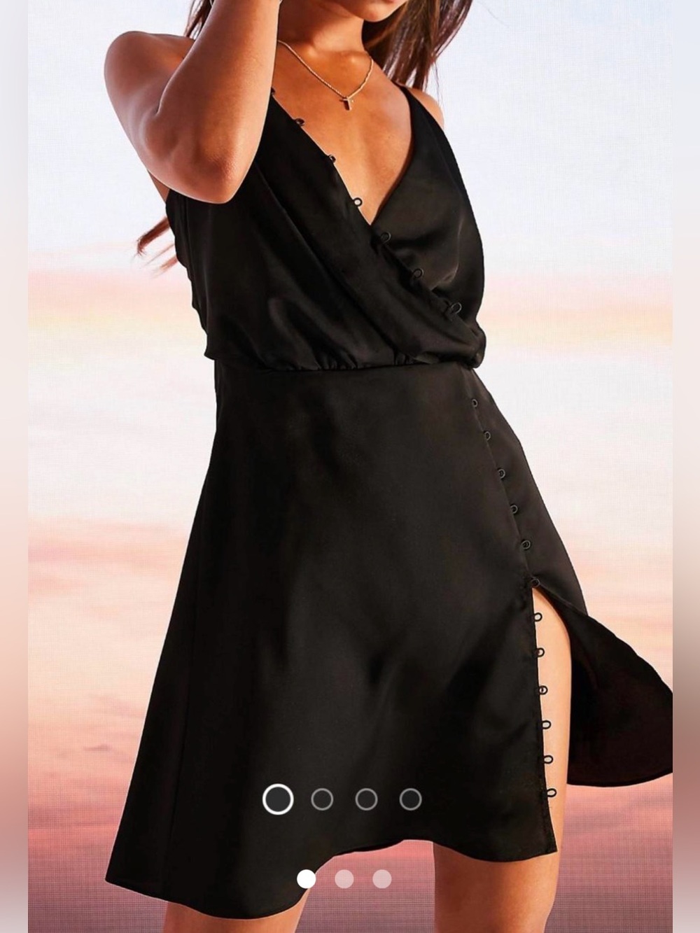 Black Satin Wrap Dress with Side Button Slit